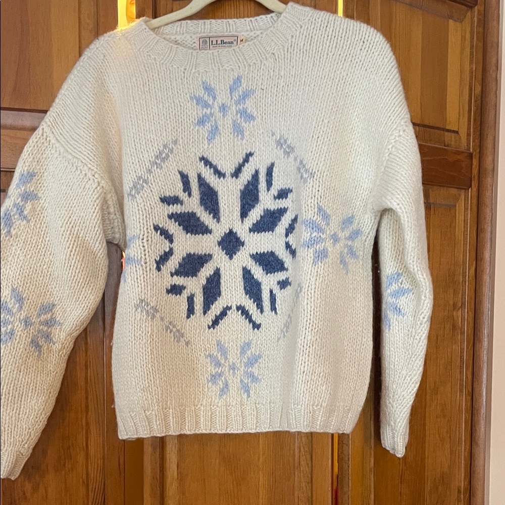 L.L. Bean Women's Cream Sweater with Blue Snowflake Pattern